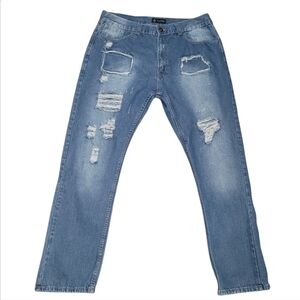 Swiss Cross Distressed Ripped Jeans Men's 38x32 Straight Leg Streetwear Comfort